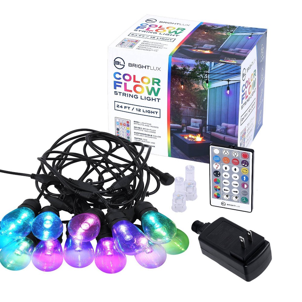 Brightlux 24' 12 Light Color Flow String Light: Outdoor LED Filament, ETL Listed, Multicolor Effects, 22ft Lighted Length