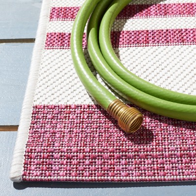 Ivory and Red Striped Square Synthetic Indoor/Outdoor Rug