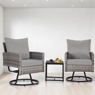 3-Piece Wicker Patio Furniture Set, Rattan Swivel Chairs with Coffee Table, Outdoor Seating for Porch, Balcony, or Garden –Wicker with Cushions