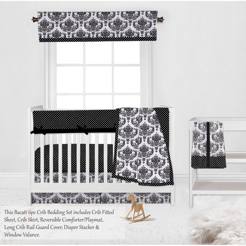 Bacati - Classic Damask Black/Grey/White 6 pc Crib Bedding Set with Long Rail Guard Cover, 3 of 11