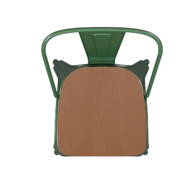Green Metal Indoor-Outdoor Stackable Chair with Teak Seat