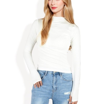 Anna-Kaci Women's Long Sleeve Fitted Mock Neck Top with Stretch Fabric