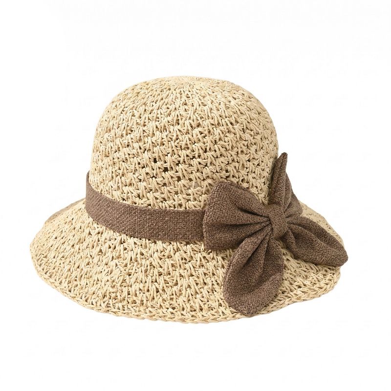 Anna-Kaci Womens Straw Sun Hat Wide Brim Bowknot Summer Beach Bucket Hat Lightweight, Beige