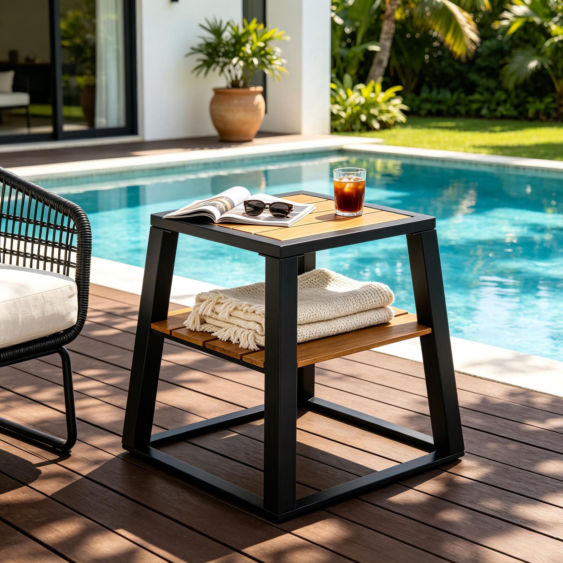 Patio End Table Outdoor Side Table Weather-Resistant Accent Table with Metal Frame & Storage Shelf, Black - ModernLuxe
