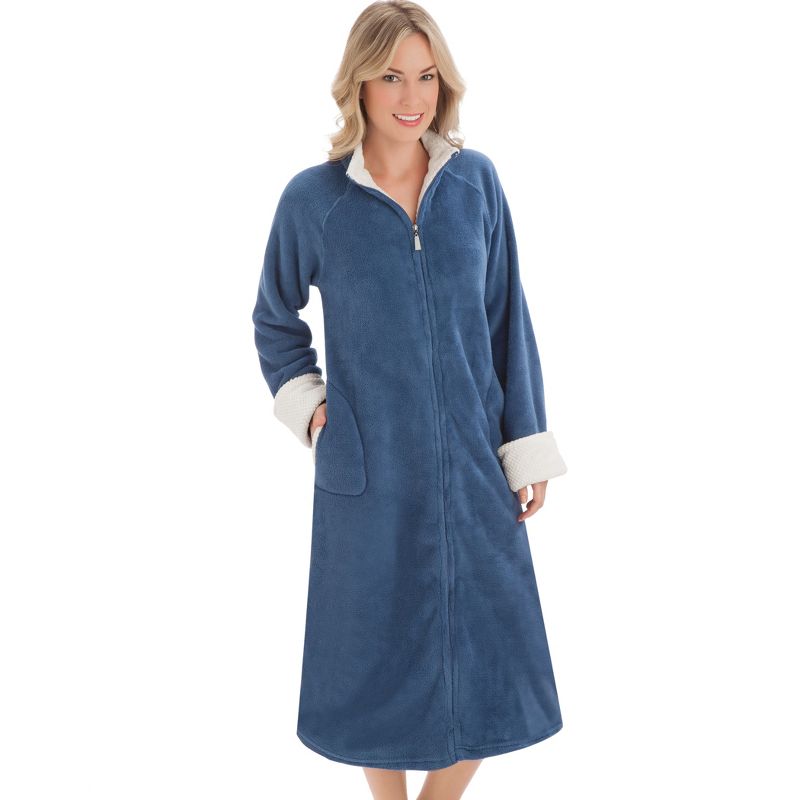 Collections Etc Plush Front Zip Full-Length Knit Robe with Faux Fur Lining and Side Pockets, 2 of 4