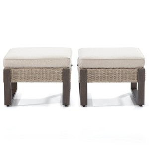 COWLOWN Beige 2PCS Patio Ottoman Set, Outdoor PE Rattan Footstools with Cushions & Steel Legs, All-Weather Wicker Ottomans for Garden, Porch, Backyard - 1 of 4