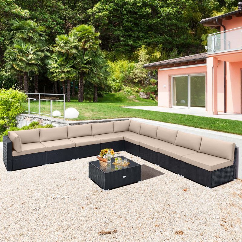 Costway 10 PCS Patio Rattan Furniture Set Outdoor Wicker Sofa Table Cushioned Seat Black/Brown, 1 of 11