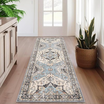 Classic Vintage Floral Rug, Thin Low Pile, Non Slip, Washable, Stain Resistant, Foldable Accent Carpet for Living Room Bedroom