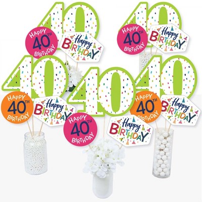 Big Dot of Happiness 40th Birthday - Cheerful Happy Birthday - Colorful Fortieth Birthday Party Centerpiece Sticks - Table Toppers - Set of 15