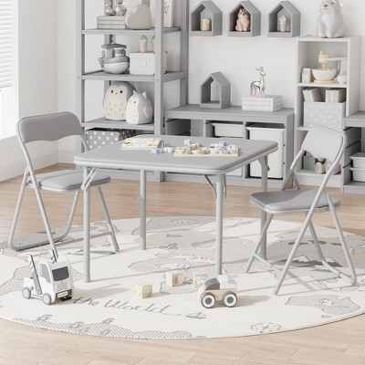 3-Piece Folding Upholstered Table and Chair, Square Card Table and Chair Set with Pu Soft Cushion