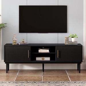 HDZNVF TV Stand with Vertical Striped Doors, Space-Saving Sliding Door Design, Sturdy Solid Wood Legs, Versatile as TV Console or Side Cabinet, Black - 1 of 4