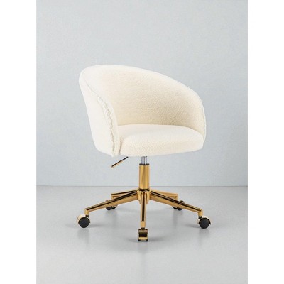 Mshliw Modern Faux Fur Swivel Office Chair with High Back, Adjustable Height, Dining Chair, Golden Metal Base & Armrests for Bedroom or Office