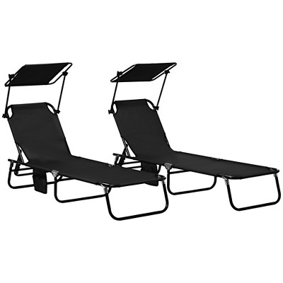 Outsunny Folding Chaise Lounge Pool Chairs, Set of 2 Outdoor Sun Tanning Chairs with Sunshade, Five-Position Reclining Back for Beach