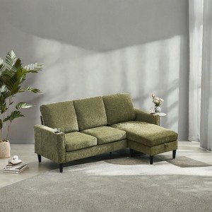 FONTOI Sofas, L-shaped Sofa with Storage Chaise and Cup Holders, 3-Seat Sofa Couch for Living Room Apartment Office, Green, 78.35"*35.43"*52.36" - 1 of 4