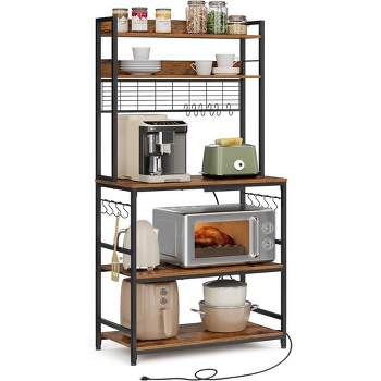 VASAGLE Hutch Bakers Rack with Power Outlet, 14 Hooks Microwave Stand, Adjustable Coffee Bar with Metal Wire Panel, Kitchen Storage Shelf