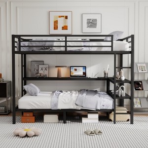 Hrinhom Metal FULL XL Over Twin Bunk Bed With Desk And Charging Station - 1 of 4