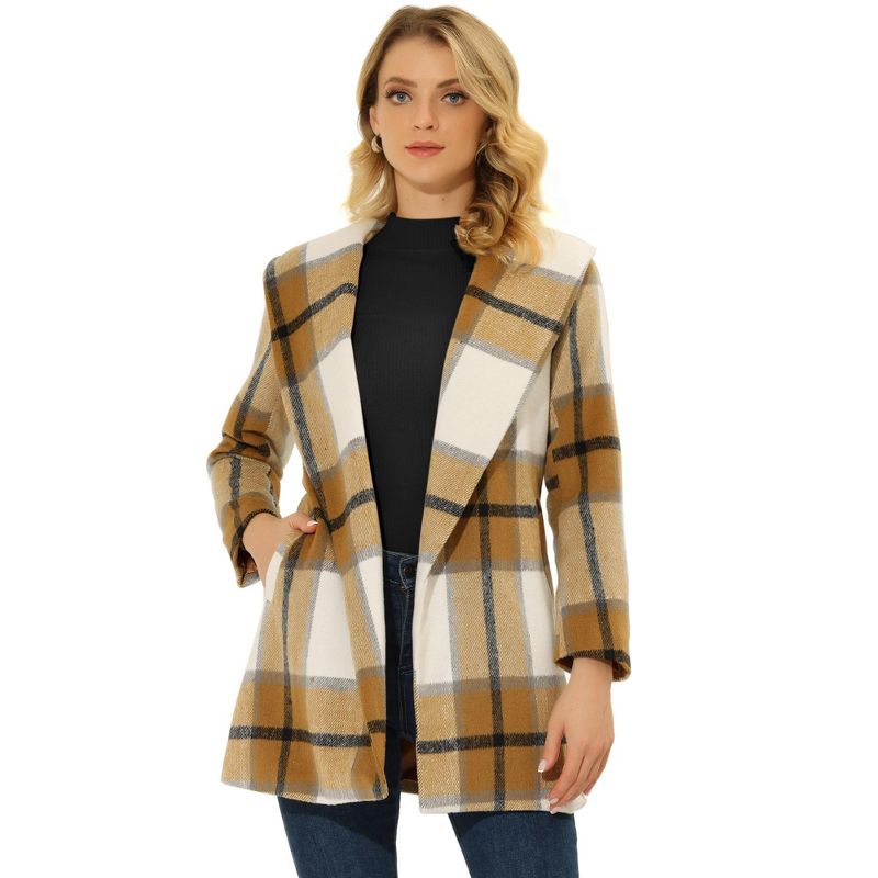 Allegra K Women's Shawl Collar Check Belted Wrap Plaid Coat with Pockets, 1 of 6