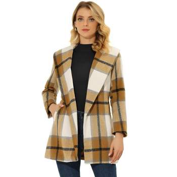 Allegra K Women's Shawl Collar Check Belted Wrap Plaid Coat with Pockets