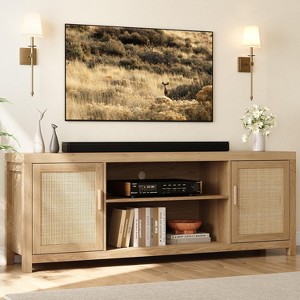75" Rattan & Oak Boho TV Stand – 2-Tier Entertainment Center with Adjustable Shelves, Media Cabinet for Living Room/Bedroom - 1 of 4