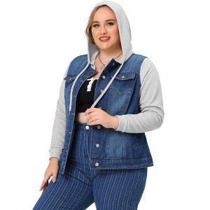 Agnes Orinda Women's Plus Size Denim Hood Layered Drawstring Fall Winter Button Pockets Jean Jackets - 1 of 4