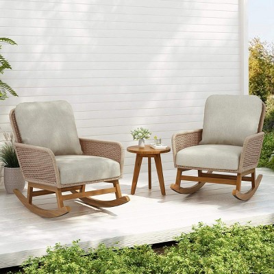 3 Piece Outdoor Patio Furniture Set with Cushions,2 Rattan Rocking Chairs with Wood Accent Table,Garden Furniture Set for Relaxation-Coolbibila