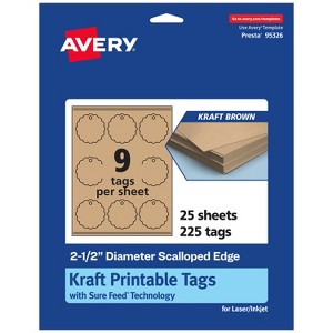 Avery Printable Round Scalloped Tags with Sure Feed Technology, 2-1/2" Diameter, Kraft Brown Cardstock, Print-to-the-Edge, Laser/Inkjet, 225 Total - 1 of 4