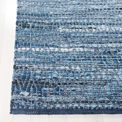 Handmade Blue Cotton Flat Woven Rectangular Rug