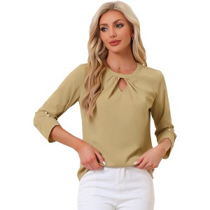 INSPIRE CHIC Women's Work Office Keyhole Pleated Front Ruched 3/4 Sleeve Chiffon Blouse - 1 of 4