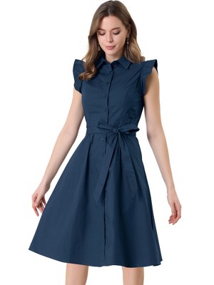 Allegra K Women's Cotton Ruffled Cap Sleeve Tie Waist Button Casual Office Shirt Dress