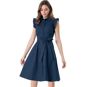 Allegra K Women's Cotton Ruffled Cap Sleeve Tie Waist Button Casual Office Shirt Dress - 1 of 4