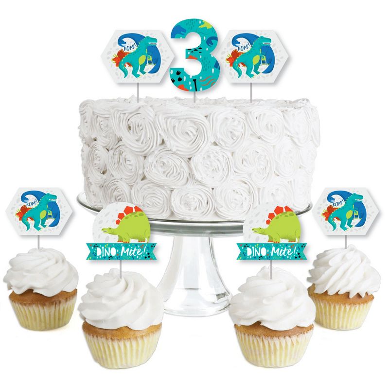 Big Dot of Happiness 3rd Birthday Roar Dinosaur - Dessert Cupcake Toppers - Three Rex Dino Third Birthday Party Clear Treat Picks - Set of 24, 1 of 8