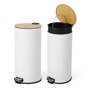 EcoSummer 8 Gallon Stainless Steel Trash Can with Bamboo Lid, Soft-Close Pedal, Removable Inner Bucket, White. - 1 of 4
