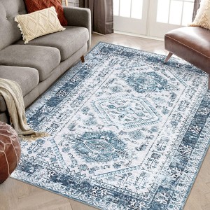 9x12 Washable Rug Non-Slip Oriental Carpet - Vintage Low Pile Throw Rug for Living Room, Bedroom (Blue) - 1 of 4