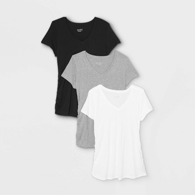 Short Sleeve V Neck Side Shirred 3pk Bundle Maternity T-Shirt - Isabel Maternity by Ingrid & Isabel™ Black/White/Gray M: Cotton Modal Jersey