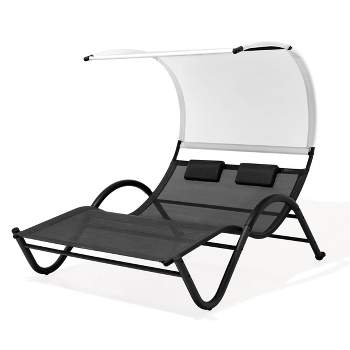 Outdoor Double Chaise Lounge with Sun Shade - Black - Crestlive Products