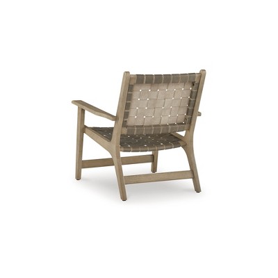 Beige Leather and Wood Woven Accent Chair