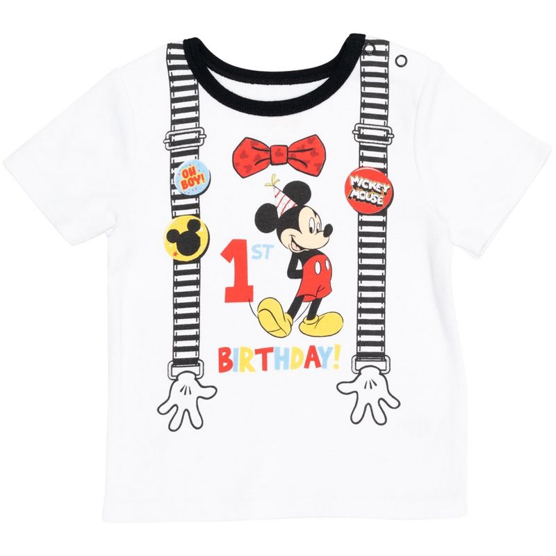 Disney Mickey Mouse 1st Birthday Cosplay Graphic T-Shirt Diaper Cover and Hat 3 Piece Outfit Set White/Red , 4 of 7