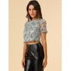Allegra K Women's Christmas Sequin Shiny Glitter Crop Sheer Short Sleeves Tassel T-Shirt - 4 of 4