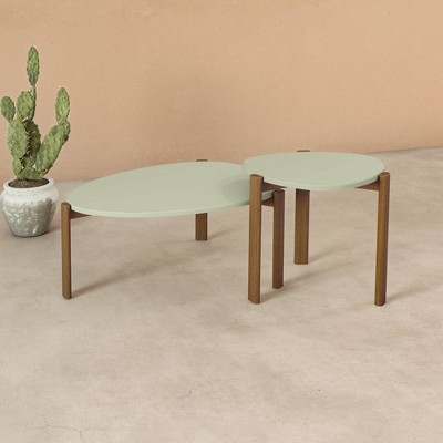 Modern Green MDF and Eucalyptus Wood Elliptical Accent Table Set