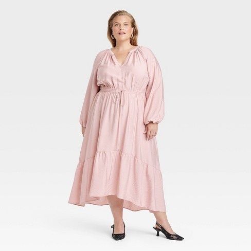 Women's Balloon Long Sleeve Tiered Midi Dress - A New Day™ Pink 2X