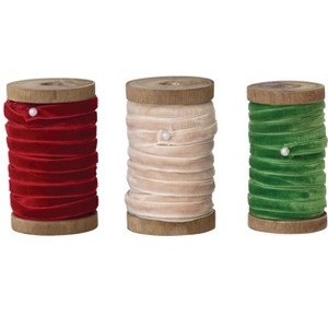 Storied Home 3-Piece Velvet Ribbon on Mango Wood Spool Set, Red, Beige, and Green - 1 of 1