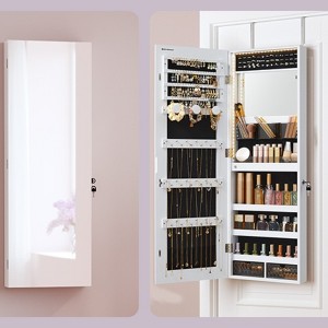 Jewelry Cabinet Organizer, Wall/Door Mount Armoire with Full-Length Lighted Mirror, Built-in Makeup Mirror, 2 Drawers - 1 of 3