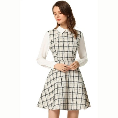 Allegra K Women's Plaid Grid Peter Pan Collar Long Sleeve A-Line Vintage Tweed Dress, Black / Xs