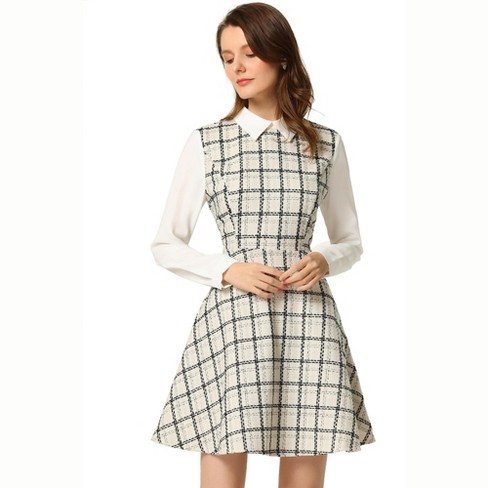 Allegra K Women's Elegant Plaid Tweed Contrast Lapel Collar Long Sleeve  A-line Dress White Small