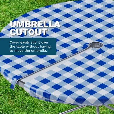 Blue Checkered Vinyl Round Fitted Tablecloth with Umbrella Hole