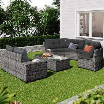 8-pieces Outdoor PE Wicker Round Half-Moon Sectional Patio Conversation Sets  With Rectangular Coffee Table - Maison Boucle
