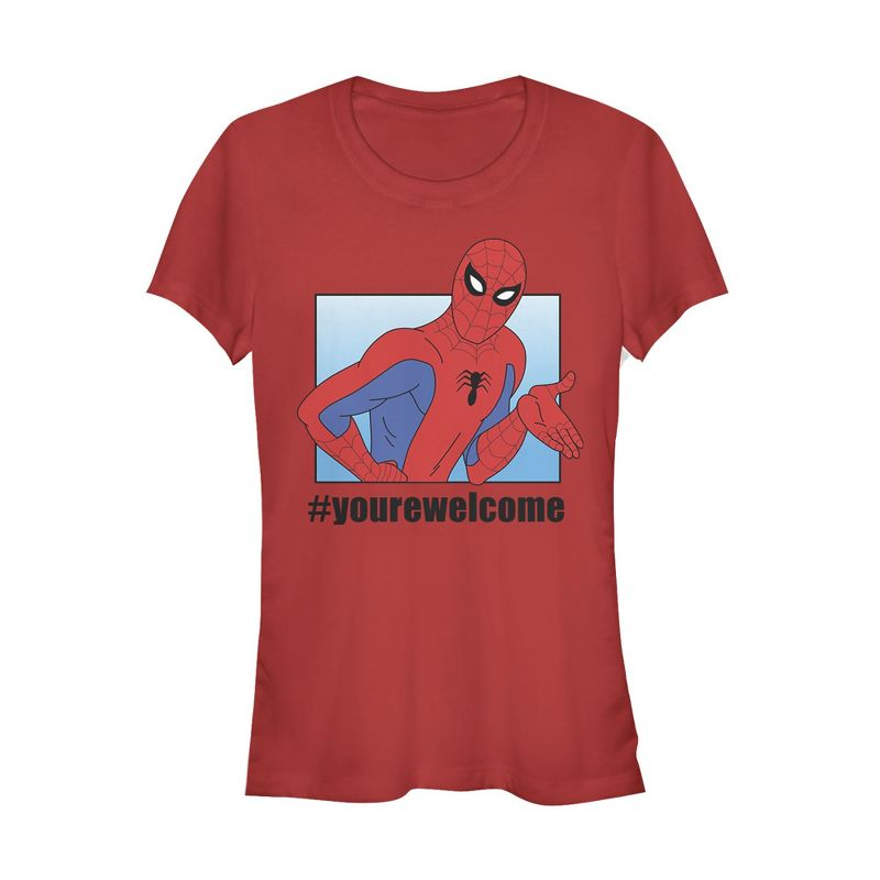 Juniors Womens Marvel Spider-Man #yourewelcome T-Shirt, 1 of 4