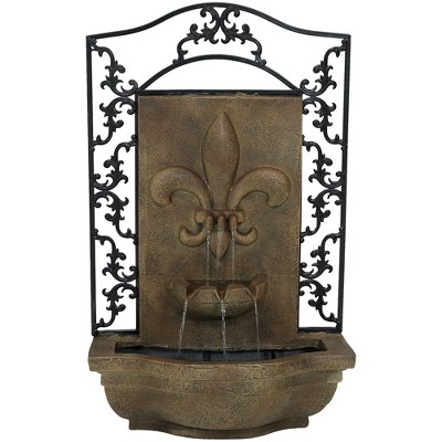 Sunnydaze 33"H Solar-Powered Polystone French Lily Design Outdoor Wall-Mount Water Fountain, Florentine Stone Finish