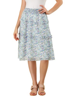 Allegra K Women's Floral Print Smocked Elastic Waist Midi Flowy Tiered Ruffle Skirt
