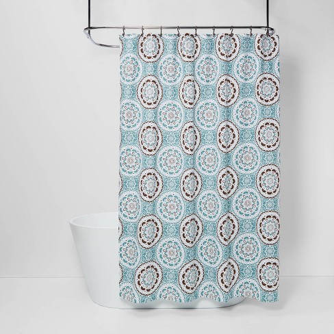 brown and teal bathroom curtains
